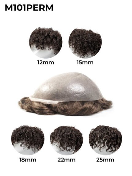 Mens Toupee M101PERM Thin Skin Base Permed Wavy Curly Hair