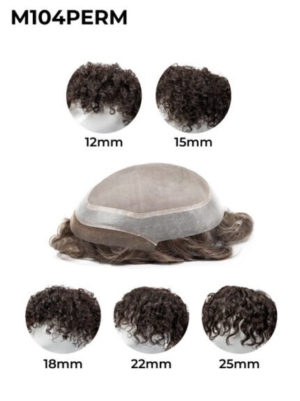 Mens Toupee M104PERM Mono Top with French Lace Front Permed Wavy Curly