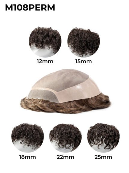Mens Toupee M108PERM Mono Top with Skin Front Permed Wavy Curly Hair