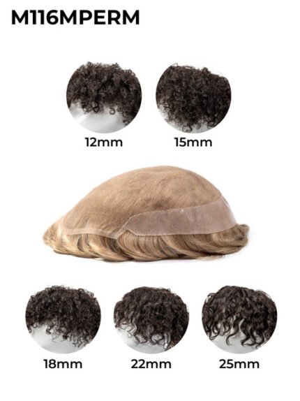 Mens Toupee M116M Swiss Lace Poly Back Mens Hairpiece Permed Wavy